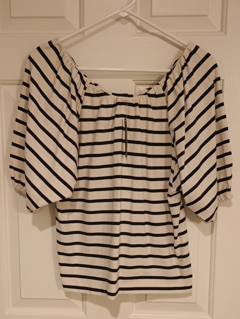 J. Crew White With Black Striped Puff Sleeve Top